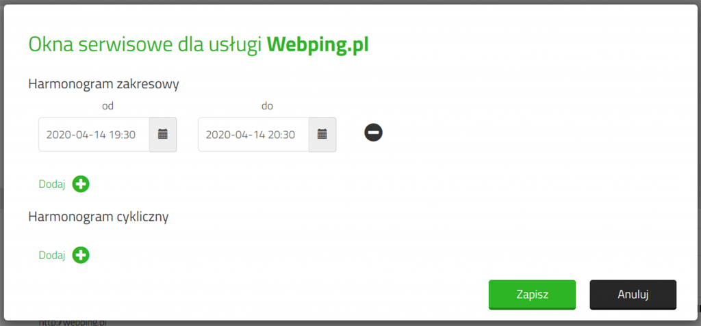 WebPing - ustawianie okien serwisowych w monitorowaniu dostępności strony